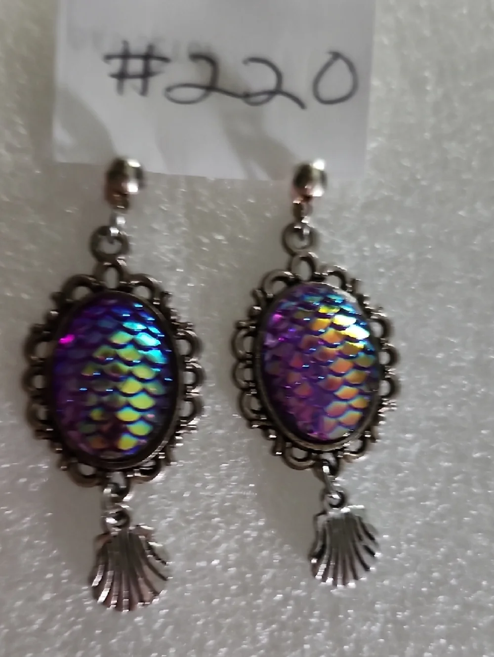 Iridescent Purple Mermaid-Scale Drop Earrings with Shell Charm